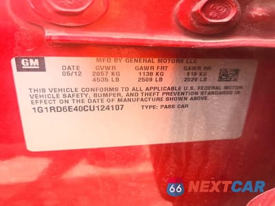 Zdjęcie 12 z 12 samochodu: 2012 CHEVROLET VOLT VIN:1G1RD6E40CU124107 - miniatura
