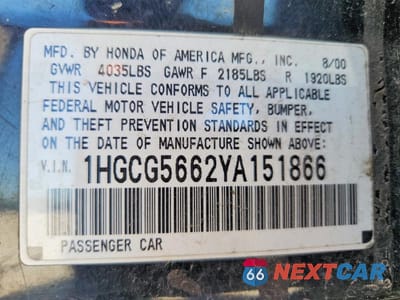 Zdjęcie 12 z 12 samochodu: 2000 HONDA ACCORD EX VIN:1HGCG5662YA151866 - miniatura
