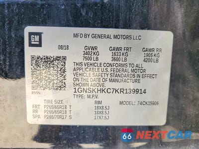 Zdjęcie 13 z 13 samochodu: 2019 CHEVROLET SUBURBAN K1500 LT VIN:1GNSKHKC7KR139914 - miniatura