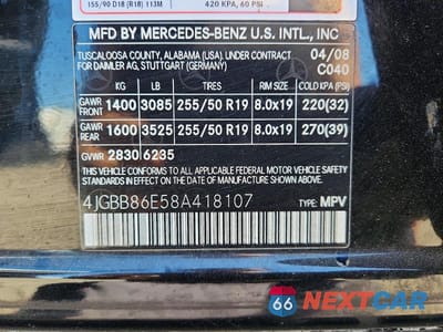 Zdjęcie 12 z 12 samochodu: 2008 MERCEDES-BENZ ML 350 VIN:4JGBB86E58A418107 - miniatura