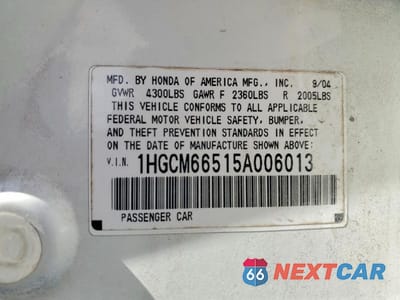 Zdjęcie 12 z 12 samochodu: 2005 HONDA ACCORD LX VIN:1HGCM66515A006013 - miniatura