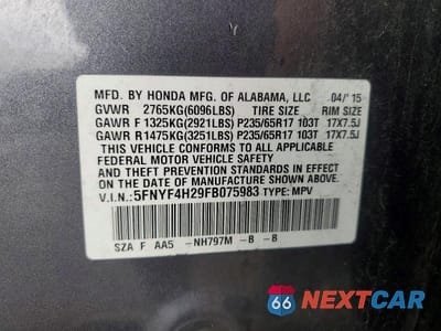 Zdjęcie 12 z 12 samochodu: 2015 HONDA PILOT LX VIN:5FNYF4H29FB075983 - miniatura