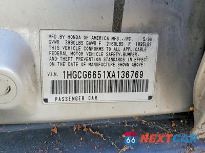 Zdjęcie 12 z 12 samochodu: 1999 HONDA ACCORD LX VIN:1HGCG6651XA136769 - miniatura