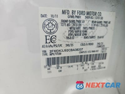 Zdjęcie 13 z 13 samochodu: 2012 FORD EDGE SEL VIN:2FMDK3J92CBA38337 - miniatura