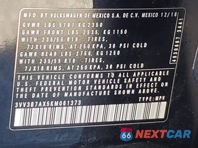 Zdjęcie 13 z 13 samochodu: 2019 VOLKSWAGEN TIGUAN SE VIN:3VV3B7AX5KM061373 - miniatura