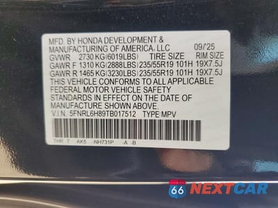 Zdjęcie 13 z 13 samochodu: 2026 HONDA ODYSSEY TOURING VIN:5FNRL6H89TB017512 - miniatura