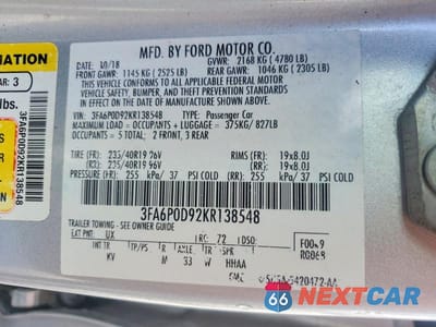 Zdjęcie 12 z 12 samochodu: 2019 FORD FUSION TITANIUM VIN:3FA6P0D92KR138548 - miniatura