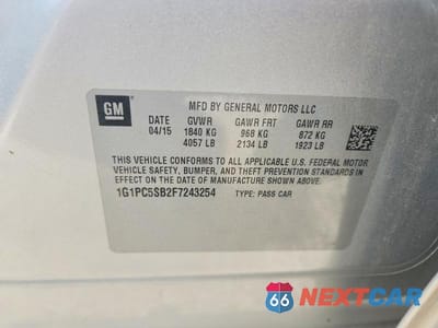 Zdjęcie 12 z 12 samochodu: 2015 CHEVROLET CRUZE LT VIN:1G1PC5SB2F7243254 - miniatura