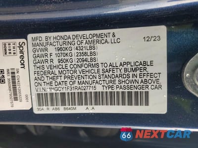 Zdjęcie 12 z 12 samochodu: 2024 HONDA ACCORD EX VIN:1HGCY1F31RA027715 - miniatura