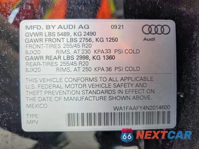 Zdjęcie 14 z 14 samochodu: 2022 AUDI Q5 PRESTIGE 45 VIN:WA1FAAFY4N2014600 - miniatura