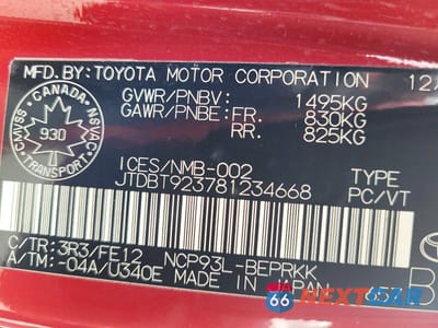 Zdjęcie 10 z 10 samochodu: 2008 TOYOTA YARIS BASE VIN:JTDBT923781234668 - miniatura