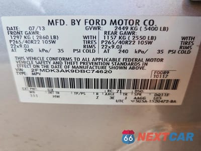 Zdjęcie 14 z 14 samochodu: 2013 FORD EDGE SPORT VIN:2FMDK3AK9DBC74620 - miniatura
