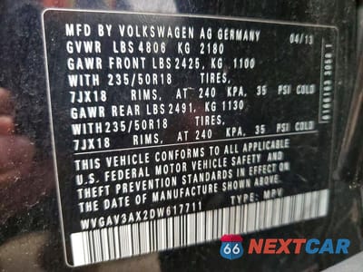 Zdjęcie 13 z 13 samochodu: 2013 VOLKSWAGEN TIGUAN S VIN:WVGAV3AX2DW617711 - miniatura