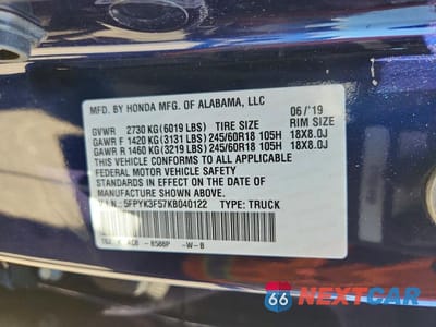 Zdjęcie 12 z 12 samochodu: 2019 HONDA RIDGELINE RTL VIN:5FPYK3F57KB040122 - miniatura
