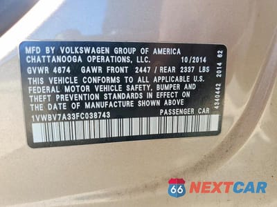Zdjęcie 12 z 12 samochodu: 2015 VOLKSWAGEN PASSAT SE VIN:1VWBV7A33FC038743 - miniatura