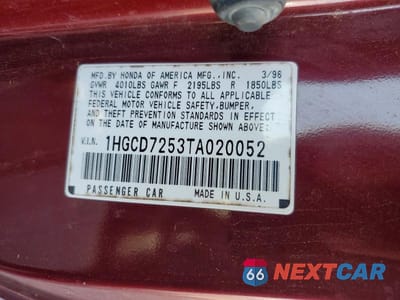 Zdjęcie 12 z 12 samochodu: 1996 HONDA ACCORD EX VIN:1HGCD7253TA020052 - miniatura