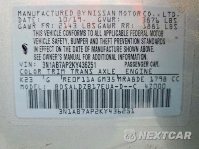 Zdjęcie 12 z 12 samochodu: 2019 NISSAN SENTRA SV VIN:3N1AB7AP2KY436251 - miniatura