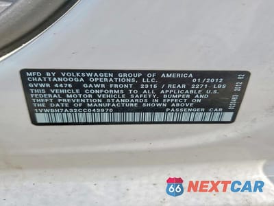 Zdjęcie 12 z 12 samochodu: 2012 VOLKSWAGEN PASSAT SE VIN:1VWBH7A32CC043970 - miniatura