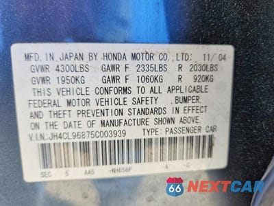 Zdjęcie 12 z 12 samochodu: 2005 ACURA TSX VIN:JH4CL96875C003939 - miniatura