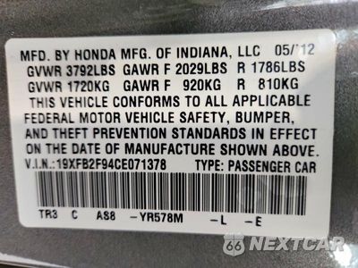 Zdjęcie 13 z 13 samochodu: 2012 HONDA CIVIC EXL VIN:19XFB2F94CE071378 - miniatura