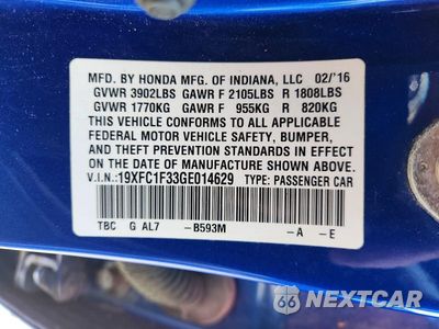 Zdjęcie 12 z 12 samochodu: 2016 HONDA CIVIC EX VIN:19XFC1F33GE014629 - miniatura