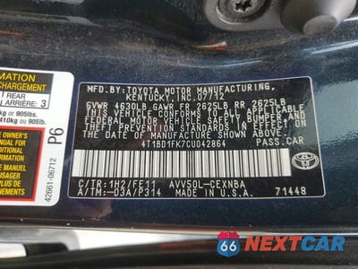 Zdjęcie 12 z 12 samochodu: 2012 TOYOTA CAMRY HYBRID LE VIN:4T1BD1FK7CU042864 - miniatura