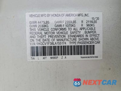 Zdjęcie 12 z 12 samochodu: 2020 HONDA ACCORD SPORT VIN:1HGCV1F38LA155174 - miniatura