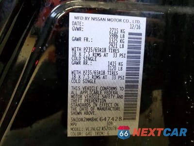 Zdjęcie 13 z 13 samochodu: 2017 NISSAN PATHFINDER SL VIN:5N1DR2MM8HC647428 - miniatura