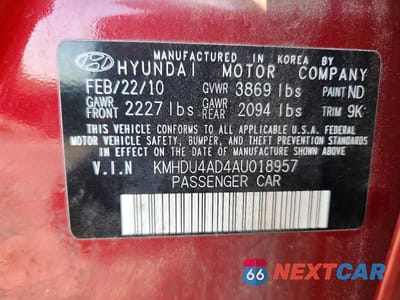 Zdjęcie 12 z 12 samochodu: 2010 HYUNDAI ELANTRA GLS VIN:KMHDU4AD4AU018957 - miniatura