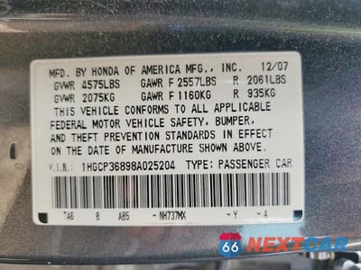 Zdjęcie 12 z 12 samochodu: 2008 HONDA ACCORD EXL VIN:1HGCP36898A025204 - miniatura