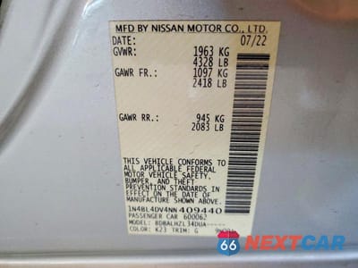 Zdjęcie 12 z 12 samochodu: 2022 NISSAN ALTIMA SV VIN:1N4BL4DV4NN409440 - miniatura