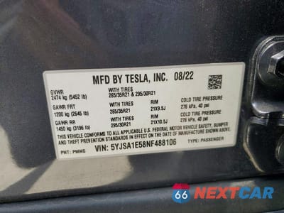 Zdjęcie 12 z 12 samochodu: 2022 TESLA MODEL S VIN:5YJSA1E58NF488106 - miniatura