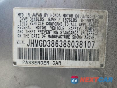 Zdjęcie 13 z 13 samochodu: 2008 HONDA FIT SPORT VIN:JHMGD38638S038107 - miniatura