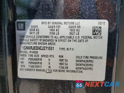 Zdjęcie 13 z 13 samochodu: 2012 CHEVROLET TRAVERSE LT VIN:1GNKRJED9CJ271631 - miniatura