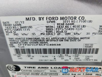 Zdjęcie 12 z 12 samochodu: 2012 FORD F150 SUPERCREW VIN:1FTFW1CF5CFC49538 - miniatura