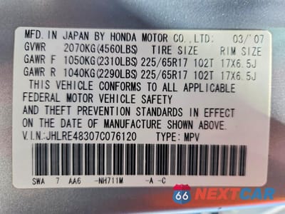 Zdjęcie 13 z 13 samochodu: 2007 HONDA CR-V LX VIN:JHLRE48307C076120 - miniatura
