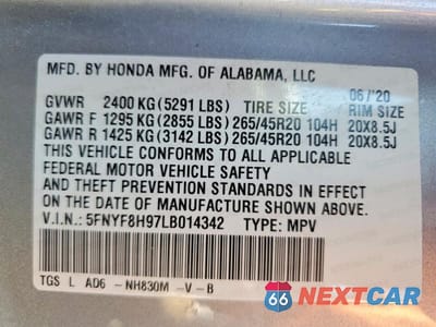 Zdjęcie 13 z 13 samochodu: 2020 HONDA PASSPORT TOURING VIN:5FNYF8H97LB014342 - miniatura