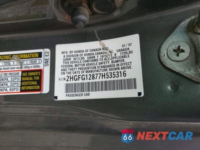 Zdjęcie 12 z 12 samochodu: 2007 HONDA CIVIC EX VIN:2HGFG12877H535316 - miniatura
