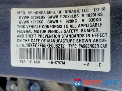 Zdjęcie 12 z 12 samochodu: 2019 HONDA CIVIC LX VIN:19XFC2F65KE008212 - miniatura