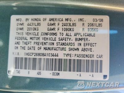 Zdjęcie 12 z 12 samochodu: 2008 HONDA ACCORD EXL VIN:1HGCP26808A103444 - miniatura
