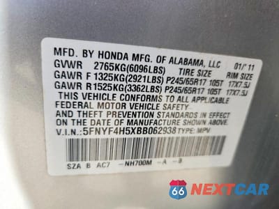 Zdjęcie 13 z 13 samochodu: 2011 HONDA PILOT EXL VIN:5FNYF4H5XBB062938 - miniatura