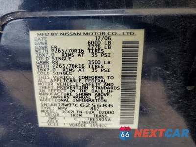 Zdjęcie 12 z 12 samochodu: 2007 NISSAN PATHFINDER S VIN:5N1AR18W97C625686 - miniatura