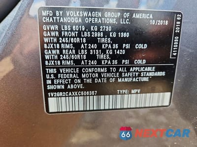 Zdjęcie 13 z 13 samochodu: 2019 VOLKSWAGEN ATLAS S VIN:1V2GR2CAXKC506357 - miniatura