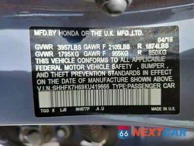 Zdjęcie 12 z 12 samochodu: 2019 HONDA CIVIC EX VIN:SHHFK7H69KU419666 - miniatura