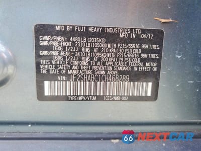 Zdjęcie 13 z 13 samochodu: 2012 SUBARU FORESTER 2.5X VIN:JF2SHABC1CH468289 - miniatura
