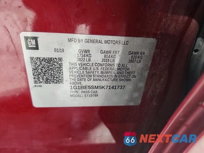 Zdjęcie 12 z 12 samochodu: 2019 CHEVROLET CRUZE LT VIN:1G1BE5SM5K7141737 - miniatura