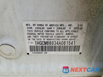 Zdjęcie 12 z 12 samochodu: 2004 HONDA ACCORD EX VIN:1HGCM66834A061541 - miniatura