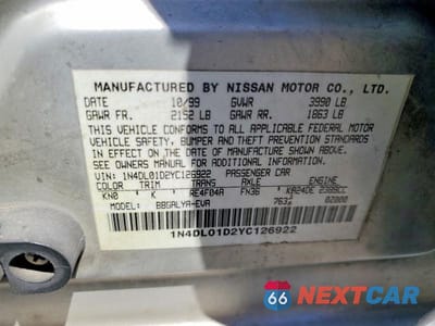 Zdjęcie 12 z 12 samochodu: 2000 NISSAN ALTIMA XE VIN:1N4DL01D2YC126922 - miniatura