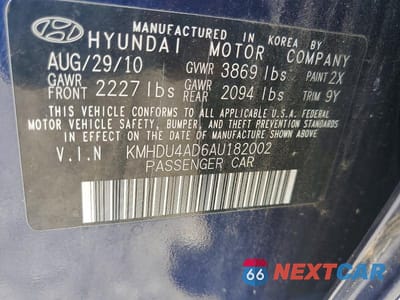 Zdjęcie 12 z 12 samochodu: 2010 HYUNDAI ELANTRA GLS VIN:KMHDU4AD6AU182002 - miniatura