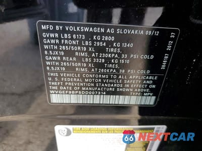 Zdjęcie 13 z 13 samochodu: 2013 VOLKSWAGEN TOUAREG V6 VIN:WVGEF9BP5DD007314 - miniatura